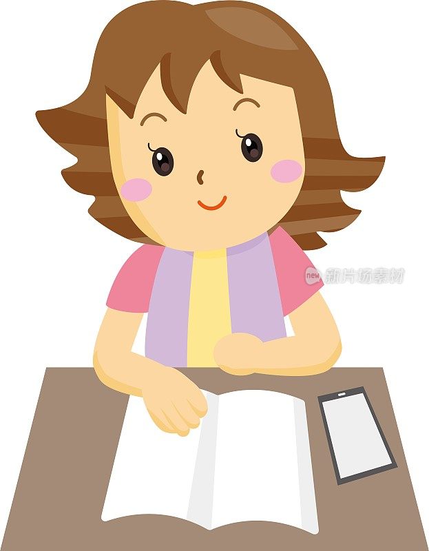 一个女人打开一本书，正在阅读或研究，一个智能手机放在桌子上/插图材料(矢量插图)